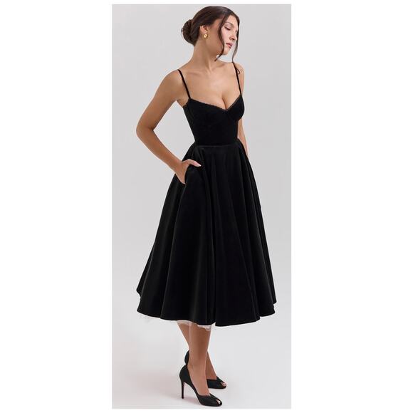 House of CB Mademoiselle Black Velvet Tulle Midi Dress Size Medium - Picture 3 of 13